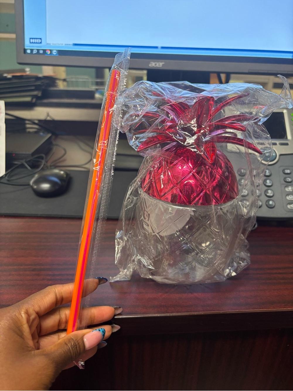 Metallic Pink Pineapple Party Tumbler with Neon Straw